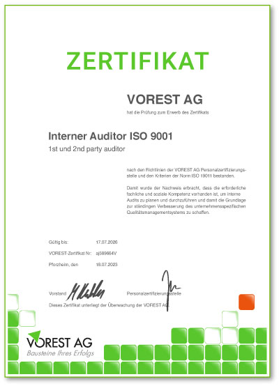 Weiterbildung Qualitätsmanagement ISO 9001 - Zertifikat der VOREST AG auf Deutsch