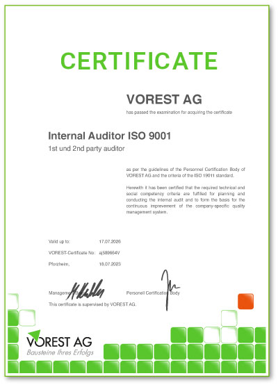  Weiterbildung Qualitätsmanagement ISO 9001 - Zertifikat der VOREST AG auf Englisch