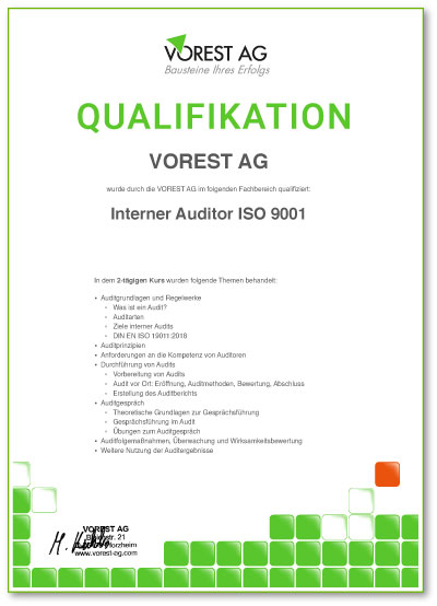  Weiterbildung Qualitätsmanagement ISO 9001 - Qualifikationsbescheinigung der VOREST AG auf Deutsch