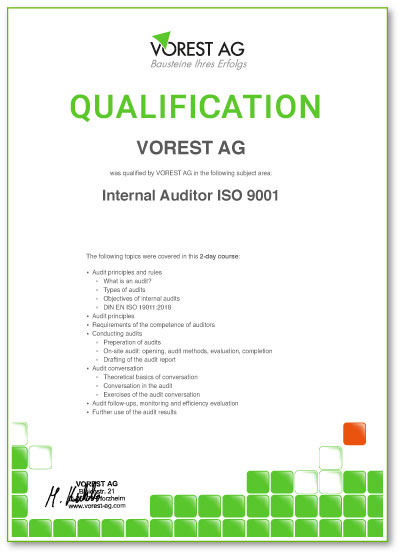  Weiterbildung Qualitätsmanagement ISO 9001 - Qualifikationsbescheinigung der VOREST AG auf Englisch