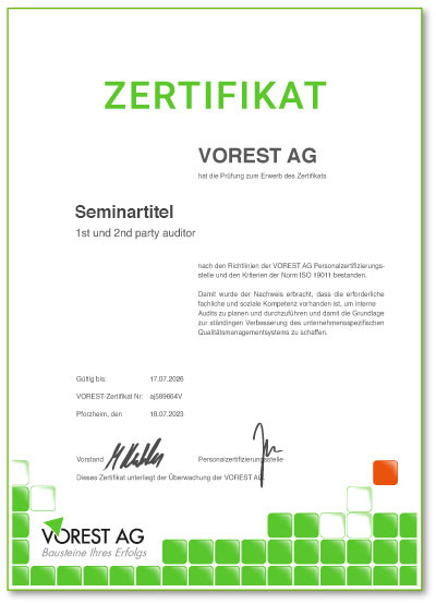 deutschsprachiges Zertifikat Ihrer ISO 9001 Auditor / Lead Auditor Ausbildung