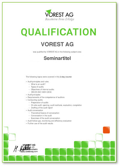 englischsprachige Qualifikationsbescheinigung zur Fortbildung ISO 45001 interner Auditor & SGA Beauftragter
